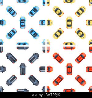 Modèle sans couture de voitures colorées de taxi, de berline et de limousine, vue de dessus Illustration de Vecteur