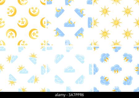 Motifs sans couture représentant le jour, la nuit, les nuages, le soleil et le tonnerre Illustration de Vecteur