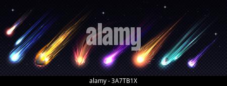 Comètes spatiales de galaxie réalistes, météores et astéroïdes, étoiles filantes 3D vectorielles et thèmes de pluies de météores. Comètes réalistes, étoiles, météores et astéroï Illustration de Vecteur