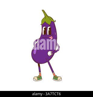 Personnage végétal d'aubergine groovy de dessin animé frappant une pose ludique, incarnant une ambiance amusante et animée des années 70 Vecteur joyeux cru ferme veggie personag Illustration de Vecteur