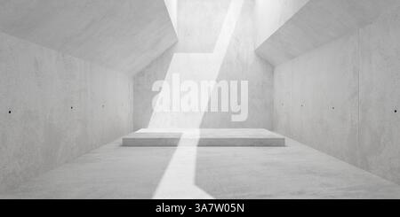 Salle en béton moderne abstraite avec murs inclinés, podium, lumière du soleil et sol brut - modèle de fond intérieur industriel, illustration 3D. Banque D'Images