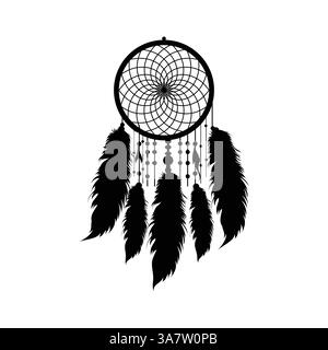 Dreamcatcher Silhouette Vector : Web complexe et plumes coulantes - Art spirituel, bohème Illustration de Vecteur