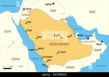 Carte de l'Arabie Saoudite avec les grandes villes et les pays voisins Banque D'Images