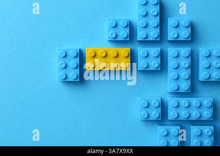 Différence, unicité, individualité. Bloc de construction jaune parmi les bleus sur fond de couleur, vue de dessus Banque D'Images