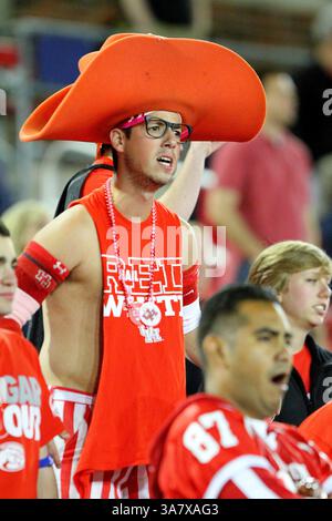 18 octobre 2012 - Dallas, Texas, États-Unis d'Amérique - Un fan des Cougars de Houston regarde son équipe pendant le match entre les Mustangs SMU et les Cougars de Houston au stade Gerald J. Ford à Dallas, Texas. SMU a battu Houston 72-42. (Crédit image : © Matt Pearce/ZUMAPRESS.com) Banque D'Images