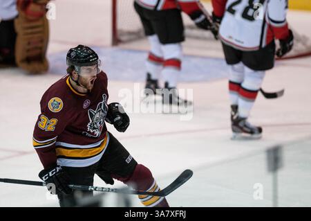 20 octobre 2012 - Abbotsford, C.-B., Canada - ZACK KASSIAN (32), le rival des Wolves de Chicago, célèbre son but qui serait le seul but des Wolves - Abbotsford Heat a vaincu les Wolves de Chicago 4-1 au Abbotsford Entertainment & Sports Center (crédit image : © William Stewart/ZUMAPRESS.com) Banque D'Images