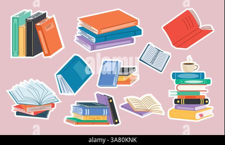 Livres autocollant coloré clipart set. Collection de clip art de contour de manuel pour le matériel de lecture éducatif, les éléments de bibliothèque et le vecteur d'icône d'éducation Illustration de Vecteur