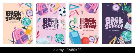 Ensemble d'affiches clipart de retour à l'école. Collection éducative clip art de voeux avec matériel de dessin, fournitures, articles et bannières d'éléments colorés Illustration de Vecteur