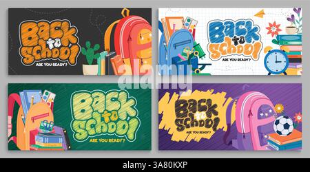 Jeu de bannières clipart de retour à l'école. Texte de voeux pédagogique scolaire clip art avec éléments de dessin, fournitures, articles et matériaux collection d'affiches Illustration de Vecteur