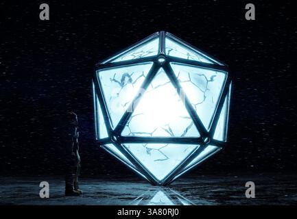Une icosphère futuriste rayonnante flottant dans un environnement brumeux avec un personnage mystérieux debout à proximité. Banque D'Images