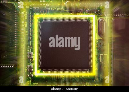 Carte de circuit imprimé, fond de technologie. Processeurs informatiques CPU. Puce numérique de carte mère, rendu 3D. Banque D'Images