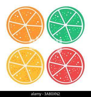 Collection d'autocollants Y2K. Ensemble de dessins animés. Tranches d'agrumes, citron, laim, orange, pamplemousse. Design lumineux et ludique. Illustration de Vecteur
