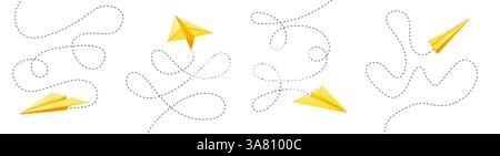 Les plans de papier volent le long de lignes pointillées. Les jouets d'avion en origami s'élèvent dans un motif fantaisiste. Conception ludique de l'itinéraire de vol. Vecteur édifiant pour l'imagination, la pensée innovante, les concepts d'aspirations. Illustration de Vecteur