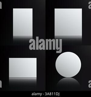 Quatre formes géométriques blanches deux rectangles, un carré et un cercle disposés sur un fond sombre. art abstrait minimaliste moderne parfait pour la conception p Illustration de Vecteur