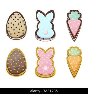Biscuits gaufrés de Pâques avec de la crème en forme d'œuf, lapin et carotte. Gaufres remplies de crème, cacao. Confiserie, snack, dessert croquant pour Illustration de Vecteur