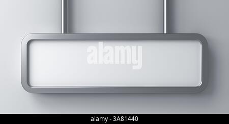 Blanc suspendu long panneau blanc propre ou bannière blanche vierge de panneau publicitaire avec cadre en métal isolé sur fond de mur blanc foncé avec ombre 3D. Banque D'Images