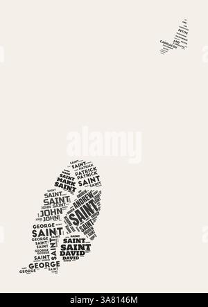 Grenada Word Cloud. Pays avec division de régions. Grenade texte typographique nuages de conception d'image vectorielle. Image de forme de pays de style gazette vintage. Illustration de Vecteur