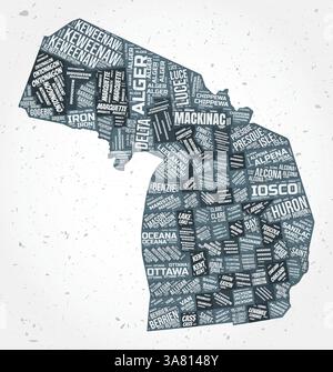 Nuages de mots des comtés du Michigan. Forme de l'état sur fond texturé. Design Michigan dans un style typographique. Illustration vectorielle créative. Illustration de Vecteur