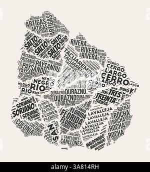 Uruguay Word Cloud. Pays avec division de régions. Uruguay texte typographique nuages de conception d'image vectorielle. Image de forme de pays de style gazette vintage. Illustration de Vecteur