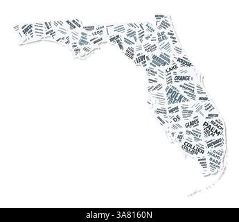 Nuage de texte de forme Floride. Frontière d'état avec ombre sur fond blanc. Floride avec division des comtés dans le style vintage gazette. Illustration de Vecteur