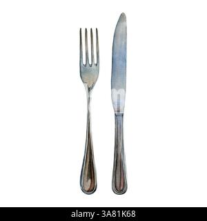 Fourchette et couteau. Illustration aquarelle d'ustensiles de service sur un fond blanc. Bon pour les cartes postales, recettes, menu, invitations, cartes de vœux. Banque D'Images