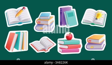 Livres scolaires autocollants icônes clipart set. Livres autocollant éléments de papeterie dans le vecteur de collection d'art clip de fournitures éducatives de dessin ouvert et fermé Illustration de Vecteur