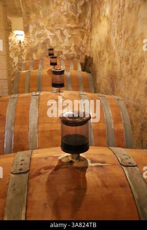 Chinchilla de Montearagon, Albacete, Castilla la Mancha, Espagne- 25 mars 2025 : cuves, fûts et cuves de vin de chêne dans la cave Los Aljibes Banque D'Images