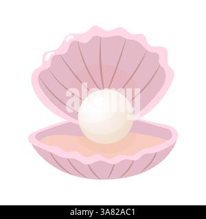 Coquille de palourde rose ouverte tenant une grande perle blanche Illustration de Vecteur