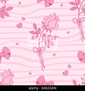 Vintage Coquette Seamless motif Rose rose avec ruban Bow sur fond Groovy Distorted Stripe. Romantique Rose Girly Vibe. Motif esthétique tendance Illustration de Vecteur