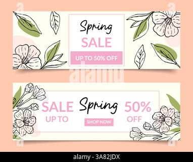 Modèles de bannière horizontale pour une vente de printemps avec des fleurs de cerisier japonaises, un ensemble de mises en page pour une vente commerciale, avec une place pour le texte. Bons d'achat, affiches, invitations, bannière Web, coupons, prospectus. Illustration de Vecteur