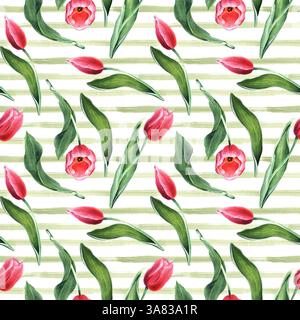 Sans couture, motif répété avec des tulipes roses et des coups de pinceau verts horizontaux, des lignes de taches. Illustration aquarelle Banque D'Images