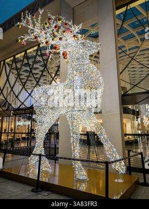 Grand renne illuminé debout devant l'entrée Victoria Gate de John Lewis pendant la période de Noël. Leeds. West Yorkshire. ROYAUME-UNI Banque D'Images
