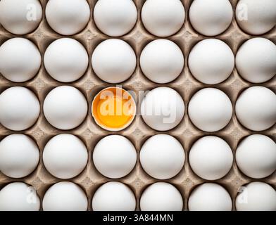 Vue de dessus du carton de trente oeufs blancs frais cadre de remplissage. Banque D'Images