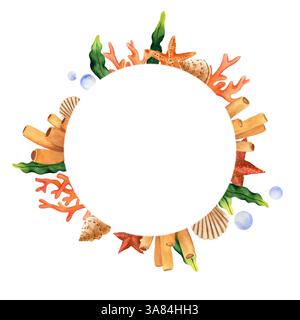 Étoiles de mer, coraux, algues, coquillages et bulles. Illustration d'aquarelle dessinée à la main sur le thème de la mer et le monde sous-marin. Couronne ronde, cadre, gabarit pour Banque D'Images