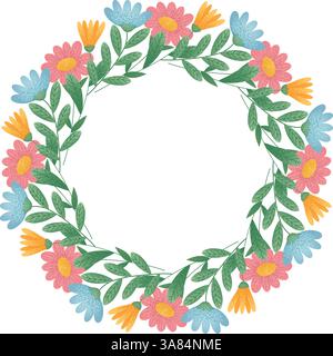 Couronne fleurie avec fleurs colorées. Cadre floral avec fleurs et feuilles vertes, avec marguerites et coneflowers. Pour invitation de mariage, salutation c Illustration de Vecteur