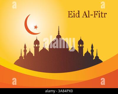 Affiche d'une ville avec une grande lune et les mots Aïd al-Fitr. L'affiche a une ambiance chaleureuse et accueillante. Ramadan Kareem priant Aid al-Fitr HariRaya Aidilf Illustration de Vecteur