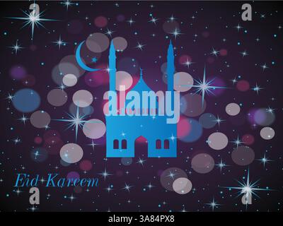 Bâtiment bleu avec un dôme et une étoile sur le dessus. Le bâtiment est une mosquée et l'image est d'un ciel étoilé. Ramadan Kareem priant Aïd al-Fitr HariRaya ai Illustration de Vecteur