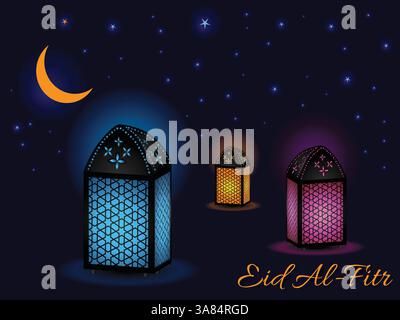 Affiche de trois lanternes avec une lune en arrière-plan. L'affiche est intitulée Eid al-Fitr. Ramadan Kareem priant Aid al-Fitr HariRaya Aidilfitri Ornat Illustration de Vecteur