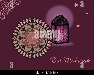 Fond violet avec un design rond et une lampe dessus. L'image est d'une carte Eid Muharram. Ramadan Kareem priant Aïd al-Fitr HariRaya Aidilfitri O Illustration de Vecteur