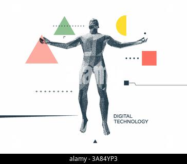 Leadership, liberté ou concept de développement. Saut homme. 3D modèle de corps humain. Design pour le sport. Illustration vectorielle composée de particules. Illustration de Vecteur