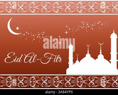 Affiche avec une lune et des étoiles et les mots Aïd al-Fitr. L'affiche est rouge et blanche avec un motif. Ramadan Kareem priant Aid al-Fitr HariRaya Aidilf Illustration de Vecteur