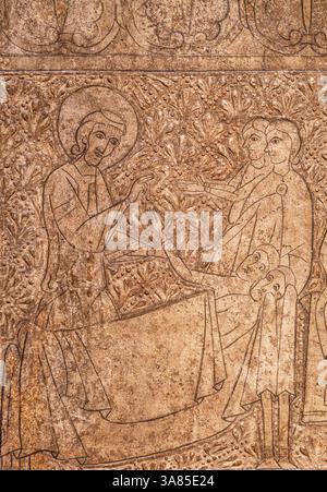 Autel du IX, XIIe siècle, tempera et restes de feuilles de métal colorées sur bois, église de San Martín d IX, haute Cerdagne, MNAC, Barcelone, ​​Cataloni Banque D'Images