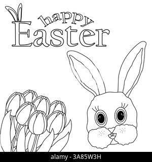Coloriage monochrome pour les enfants et les adultes avec une tête de lapin de Pâques, des tulipes, et - joyeuses Pâques - texte. Parfait pour carte de vœux. Illustration de Vecteur