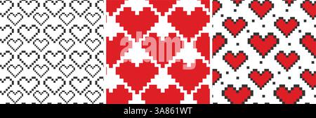 Pixel Art forme de coeur Noir et rouge motifs sans couture Saint Valentin White Day idée de fond Set 3. Isolé illustration vectorielle papier peint, emballage ou bannière promo web, tag cartes thématiques, dépliants Illustration de Vecteur