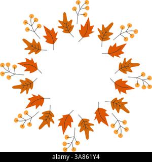 Feuilles d'automne bordure circulaire cadre dans les tons d'automne à la mode. Cartes de vœux espace de copie idée de modèle. Illustration vectorielle isolée cartes d'invitations thématiques, étiquette ou bannière promo web, dépliant Illustration de Vecteur