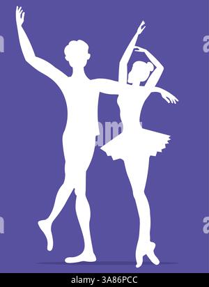 Personnes vectorielles. Icône des danseurs de ballet. Silhouette blanche d'un couple de ballet. Un couple de ballet danse le ballet. Illustration vectorielle isolée sur fond bleu Illustration de Vecteur