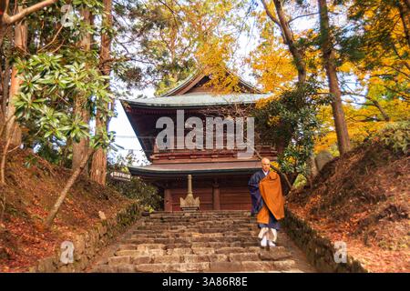 Moine bouddhiste dans une robe jaune sur un escalier en pierre devant un temple zen bouddhiste, situé sur le mont Hiei (Hiei San), région de Kyoto, Honshu, Japon Banque D'Images