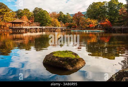 Roche couverte de mousse verte centrée dans un étang réfléchissant calme avec un environnement automnal, Nara, Honshu, Japon Banque D'Images