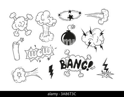 Effets de boom et vecteur d'éléments d'explosion. Éléments d'esquisse zap, BAM et Smoke de style comique pour des conceptions dynamiques. Parfait pour les illustrations, les bandes dessinées Illustration de Vecteur
