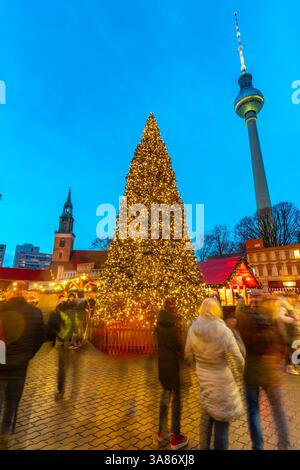 Vue de la tour de télévision de Berlin et arbre de Noël à Wasserkaskaden au crépuscule, Mitte, Berlin, Allemagne Banque D'Images